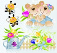 风情蜜蜂小熊鲜花背景图片