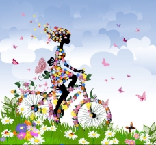 春季背景的春季花朵自行车