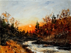 油画 夕阳河流图片